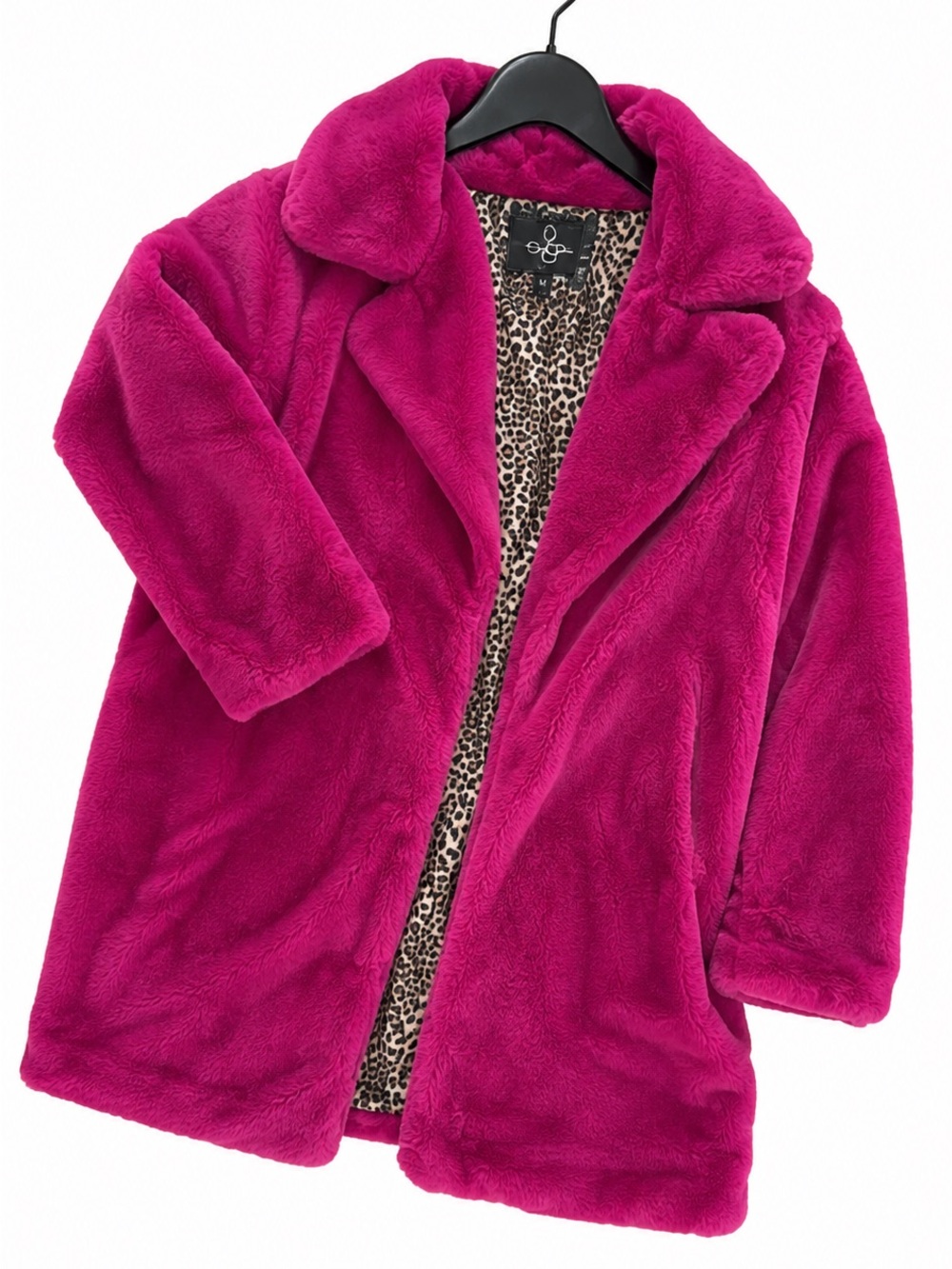 Betsey Johnson Fuchsia Plush Pea Coat with Leopard Lining